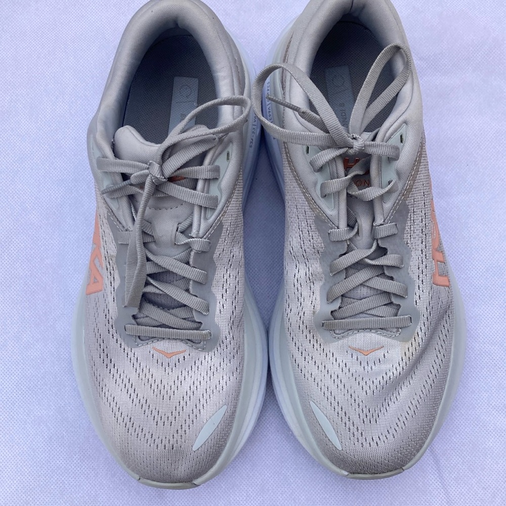 Hoka One One Bondi 8 Gray and Orange Athletic Shoes with Cushioned Sole